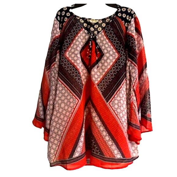 Fig & Flower Multicolor V Neck Sheer Bell Sleeve Blouse XL - Picture 1 of 9